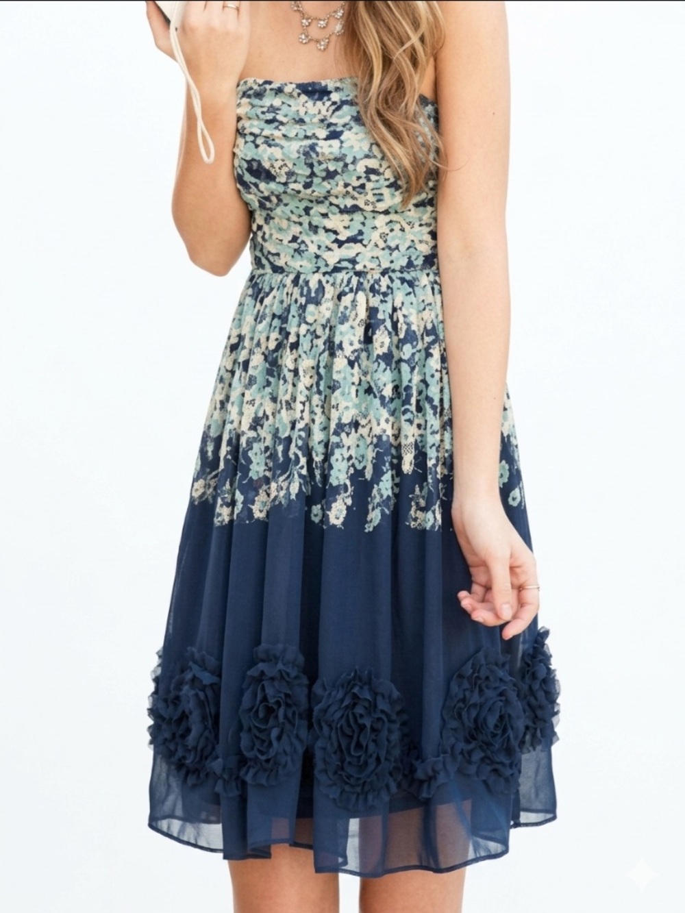 LC LAUREN CONRAD Strapless Floral Chiffon Dress Navy Rosette Cocktail Dress sz 8